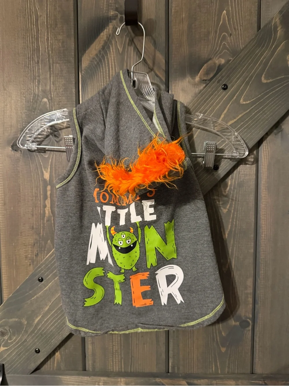 Mommy's Little Monster Hooded Toddler Vest - Gray with Orange & Green Medium